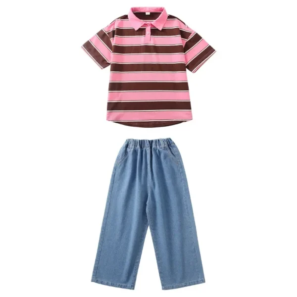 Kid Hip Hop Clothing Pink Striped Polo Neck T Shirt Denim Blue Casual Jeans Baggy Pants for Girl Boy Jazz Dance Costume Clothes - Image 5