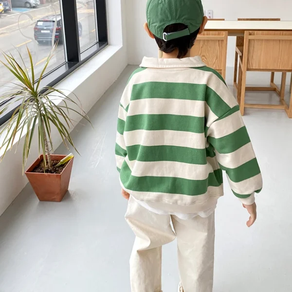 2024 Kids Spring Autumn Clothes Boys Stylish Striped T-shirts Long-sleeved Lapel Hoodie Children Loose Top Cotton Tees for 1-6Y - Image 6