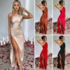 Women Dress High Waist Formal Dress Elegant One Shoulder Maxi Dress for Prom Cocktail Parties Solid Color Ball Gown with Pleated