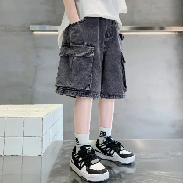 Loose Style Child Casual Black Denim Cargo Shorts With Big Pocket for Boys Elegant Summer Solid Short Baggy Jeans For Kids Teens - Image 3