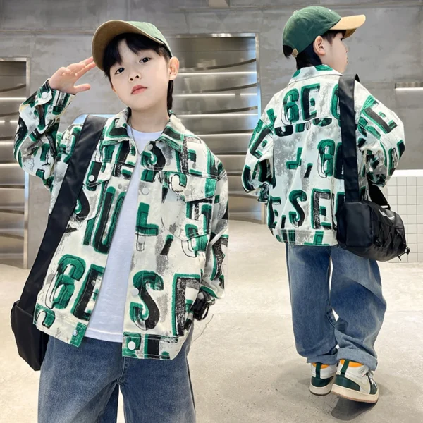 Korean Kids Child Trendy Fashion Denim Jacket with Letters For Teens Boy y2k Harajuku Retro Casual Coat Outfit 5 7 9 11 13 14 Y