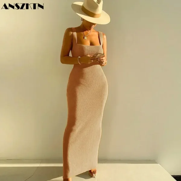 Ladies Maxi Dress Sleeveless Bodycon Solid Slim Fit Spring Summer Women Square Neck Casual Dresses