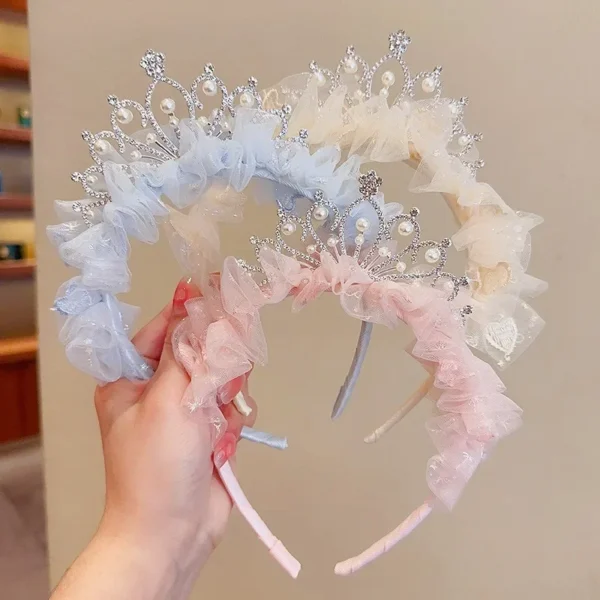 New Cute Pearl Rhinestone Crown Headband Kawaii Girls Hairbands Princess Kids Hair Accessories - Image 3