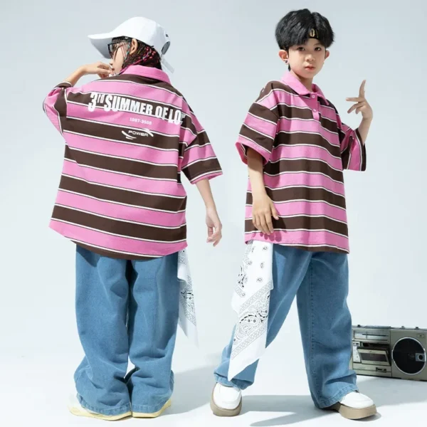 Kid Hip Hop Clothing Pink Striped Polo Neck T Shirt Denim Blue Casual Jeans Baggy Pants for Girl Boy Jazz Dance Costume Clothes - Image 2
