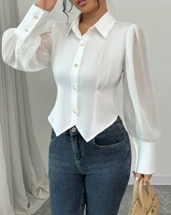 Women's Blouses Lantern Sleeve Turn-Down Collar Cinched Waist Beaded Decor Blouse Casual Crop Shirt Top - Image 3