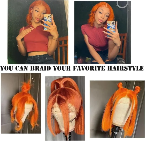 #350 Ginger Color Bone Straight 15A Short Bob Wig 13x4 HD Lace Frontal Wigs Pre-colored Orange Remy Indian Human Hair Extension - Image 6