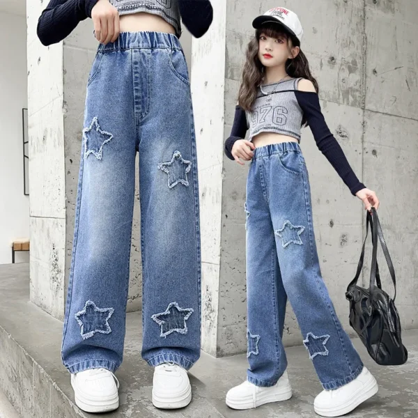 High Waist Jeans Girl Straight Loose Wide-leg Pants Spring and Autumn Korean Vintage Jeans Fashion Kids Denim Trousers For Teens