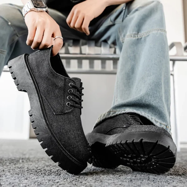 Botta Texana Masculino Fabric with Holes American Canvas Big Head Thick Sole Small Leather Shoes Hiking Boots Black Sneakers - Image 5