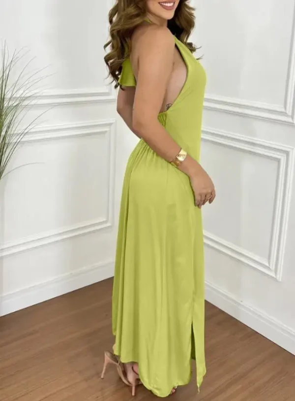 Hanging Neck Suspender Sleeveless Backless Long Skirt Casual Shirt Slit Vacation Dress Women's Summer Sexy Solid Color Dress - Image 3