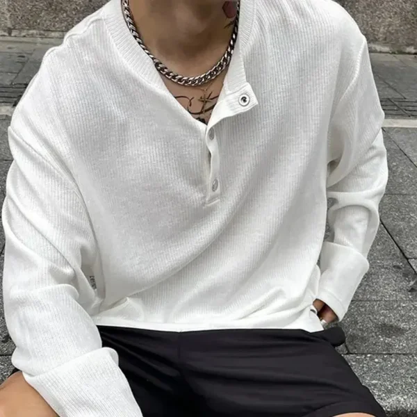 New Men's Loose Long Sleeve T-Shirt Brand Clothes Textured Pleated Miyake Button Placket Henley Collar Plus Size Men Clothe - Image 5