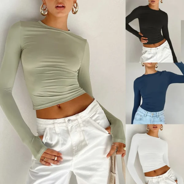 Fashion Women T-shirt Long Sleeve Crew Neck Solid Slim Fit Ladies Crop Top with Thumb Holes for Daily Streetwear Summer Camis - Image 2