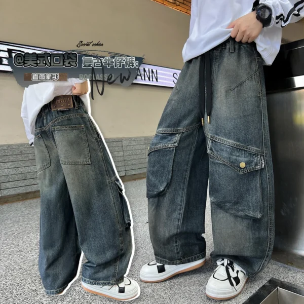 New Casual Straight Leg Cargo Jeans with Pocket for Teen Boy, Fashion Street Denim Pants, Elegant Trousers for Children & Teenag - Image 5