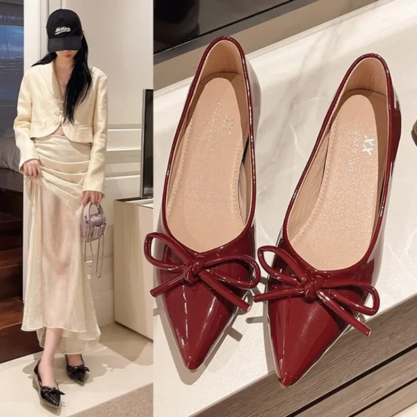 Elegant Bowknot Ballerina Women's Flat Round Toe Comfort Slip-On Ladies Loers Leather Single Mules Shoes Women's Flat Comfort 40