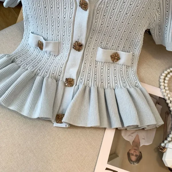 French Elegant Peplum Knit Blouse Women Summer V Neck Lace Hem Short Sleeve White Button Shirt Chic Slim Fit Office Lady Tops - Image 5