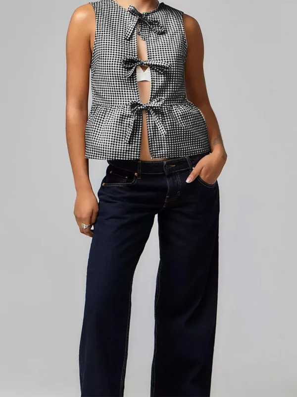 Women Bow Tie Tank Top Summer Sleeveless Crew Neck Tie-up Plaid Peplum Tops Casual Loose Ladies T-shirts Vests Streetwear Y2K - Image 2