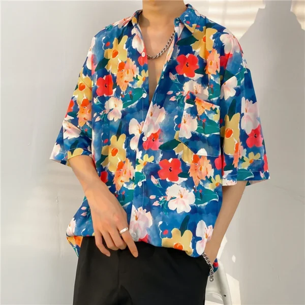 High Quality Men Hawaiian Shirt Full Flower Printed Casual Short Sleeve Daily Loose Tops Male Beach Floral Shirts - Image 4