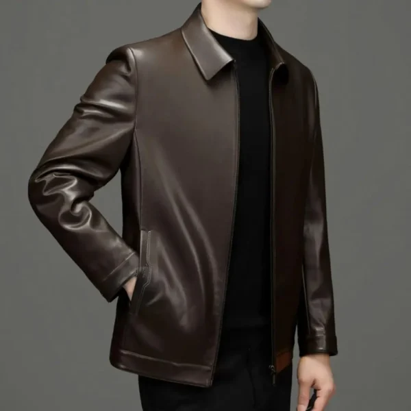 Long Sleeve Men Jacket Stylish Men's Faux Leather Jacket with Zipper Placket Lapel Collar Regular Fit Short Style for Casual
