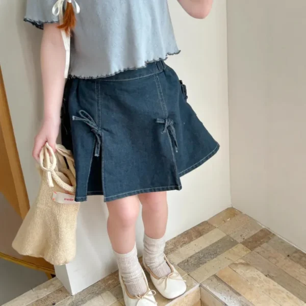 Girls' Fashion Bow Denim Half Skirt, Korean Style Children's Clothing 2025 Summer New Stylish Versatile Half Skirt - Image 2