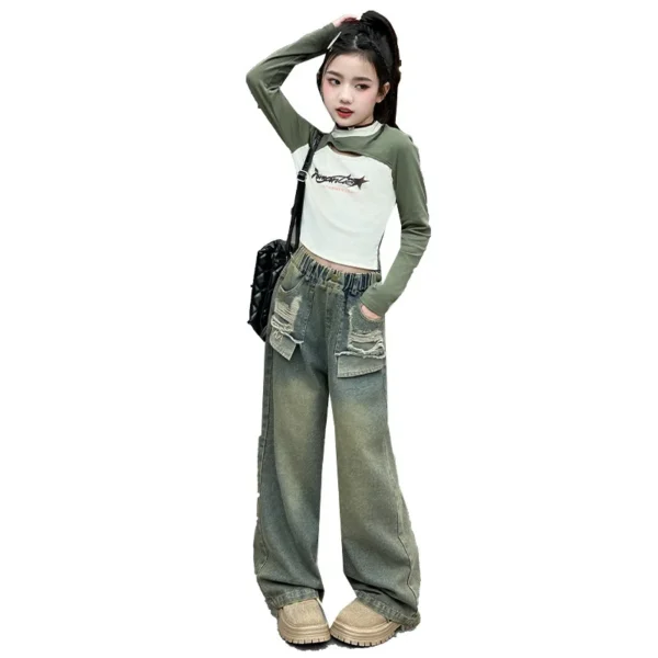 American Girl Spring Ripped Jeans High Street Jeans Pants For Child Retro Blue High Waist Slim Denim Trousers For Teens Kids - Image 6