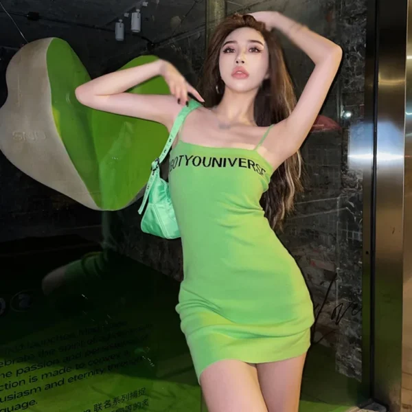Summer Knitted Slip Dress For Women Letter Print Slim Fit Mini Dress Spaghetti Strap Cocktail Beach Evening Party Dress