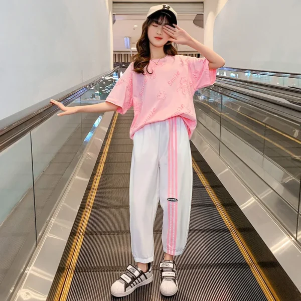 Teen Girls Sport Suit letters short t-shirt + striped Pants Children Set Tracksuit Kids Leggings - Image 5