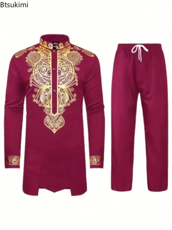 2025 African Men's Casual Printed Two Pieces Fashion Stand Collar Gold Stamping Top and Pants Sets Men Ethnic Style Muslim Suits - Image 3