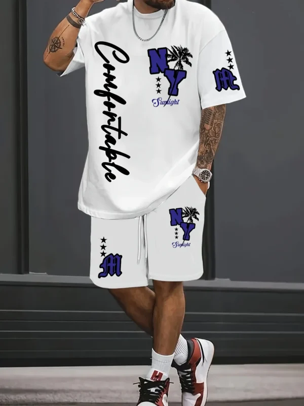 Summer 2025 new men's suit with letter prints, casual and fashionable outdoor, lightweight and breathable polyester men's wear