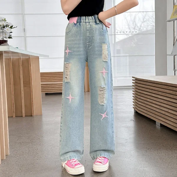 Fashion Stylish Children Straight Fit Ripped Jeans with Star Embroidery for Teens Girls Casual Slim Broken Hole Denim Pants 5-14