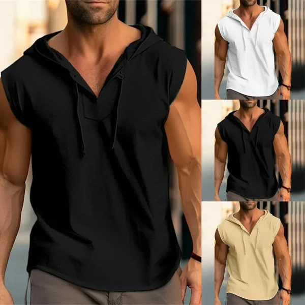 Male T-shirt Men V-neck Vest Wear-resistant Breathable Casual Drawstring Fitness Hooded Loose Daily Sports Fashion - Image 6