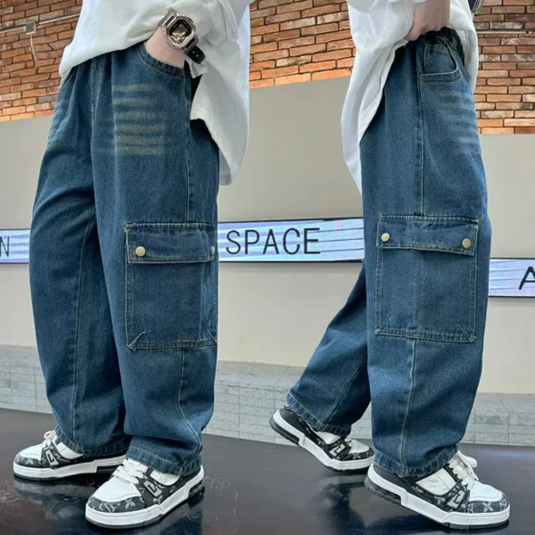 Big Boy Baggy Jeans Retro Blue Wide Jeans for With Pocket Cowboy Cool Denim Pants With Teen Kids Ripped Jeans 5-14Years - Image 4