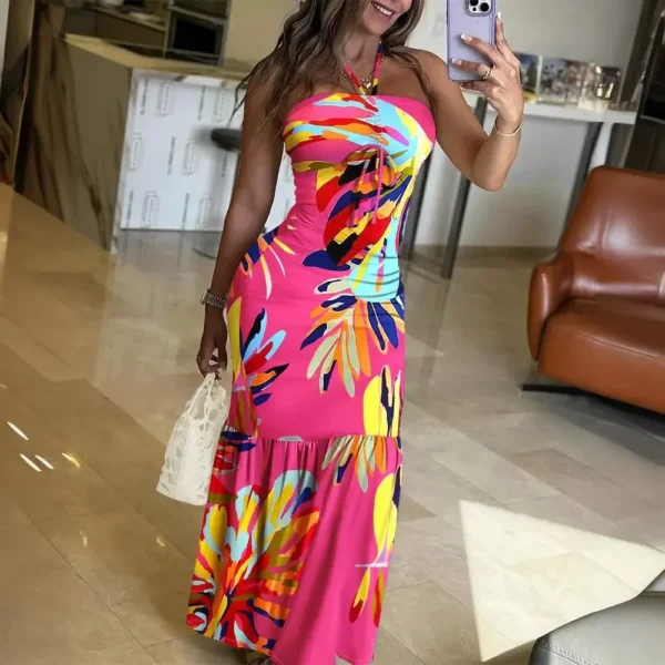 Tropical Print Halter Drawstring Maxi Dress Sleeveless Women Summer Sexy High Waist Floral Flower Dress - Image 3