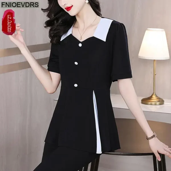 Office Shirts Basic Wear New Design 2025 Summer Women Short Sleeve Elegant Fashion Work Lady Retro Vintage Blouses Peplum Tops - Image 5