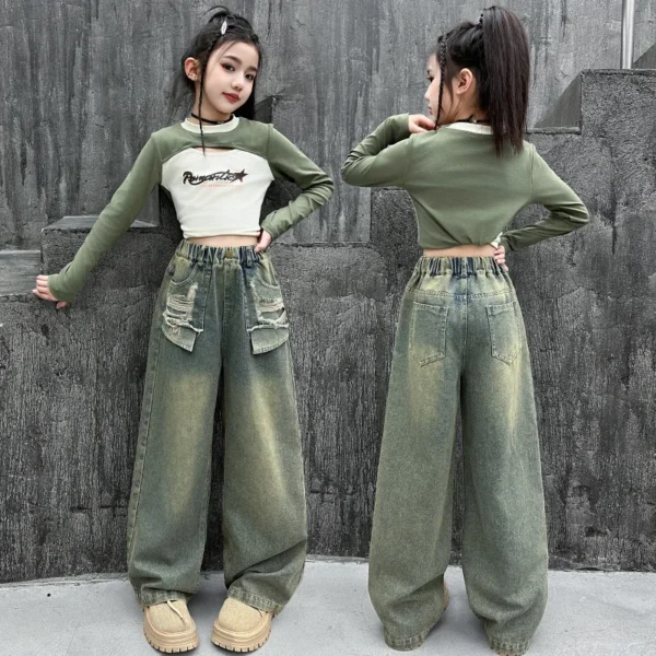 American Girl Spring Ripped Jeans High Street Jeans Pants For Child Retro Blue High Waist Slim Denim Trousers For Teens Kids - Image 2