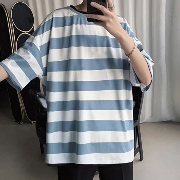 Men Wide Stripe Print T-shirt Japanese Style Striped Summer T-shirt for Men Streetwear Top with Half Sleeves Round for Teenagers - Image 3