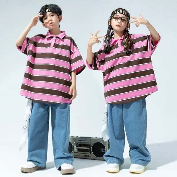 Kid Hip Hop Clothing Pink Striped Polo Neck T Shirt Denim Blue Casual Jeans Baggy Pants for Girl Boy Jazz Dance Costume Clothes