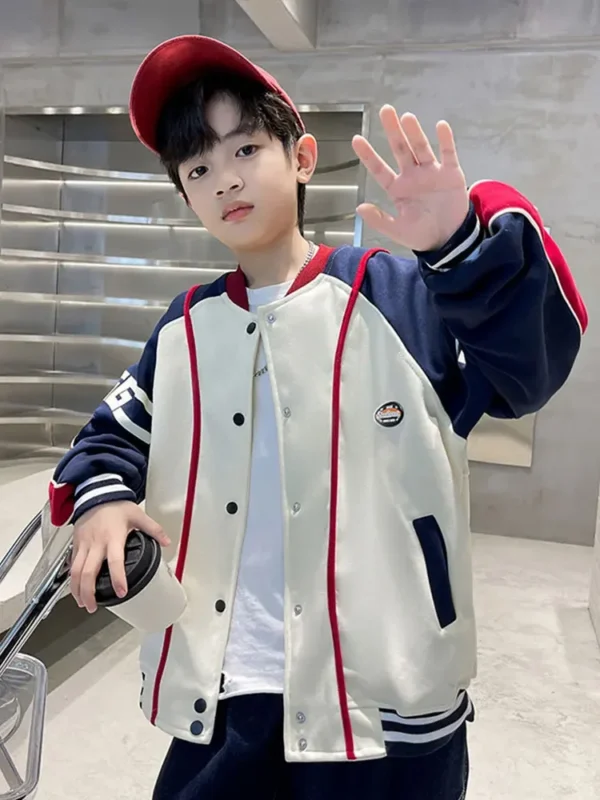 Boys Casual Loose Bomber Outerwear XMP628 Autumn Spring Red Green Baseball Jacket Coat Kids Buttons Uniform Patchwork - Image 5