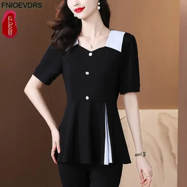 Office Shirts Basic Wear New Design 2025 Summer Women Short Sleeve Elegant Fashion Work Lady Retro Vintage Blouses Peplum Tops - Image 3