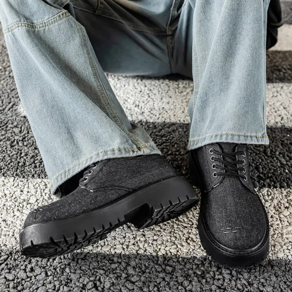 Botta Texana Masculino Fabric with Holes American Canvas Big Head Thick Sole Small Leather Shoes Hiking Boots Black Sneakers - Image 3