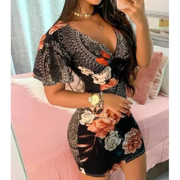 Summer Elegant Floral Print Bodycon Mini Dress Women 2025 Fashion Sexy Deep V-neck Package Hip Dresess Office Lady Party Dress - Image 5
