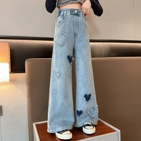 New 2025 Girls Loose Wide Leg Jeans Long Trousers Kids Fashion Heart Ripped Straight Leg Denim Pants Teen Spring Casual Clothing - Image 6