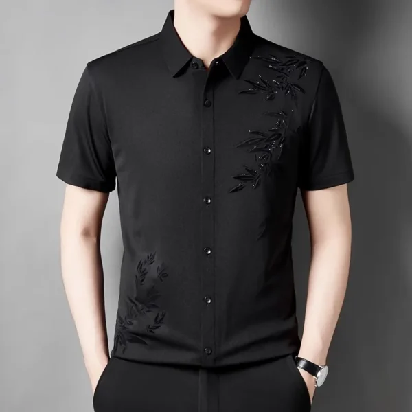 Men's short-sleeved shirt, flocked high elasticity generous fashion lapel shirt 8 colors - Image 3