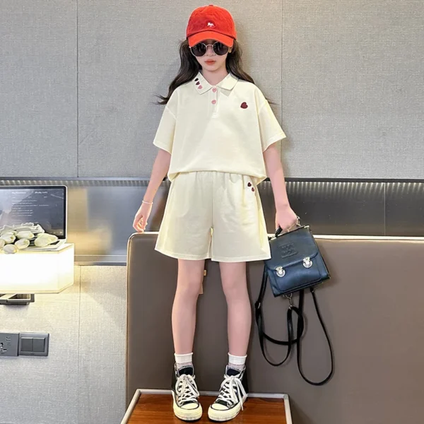 Korean Fashion Girls Summer Clothing Sets Short-Sleeve Polo Shirts and Shorts with Heart Embroidery Two Pieces Kids Costume Suit - Image 5