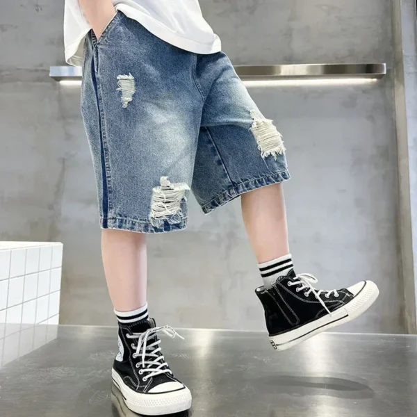 New 2025 Boys Summer Thin Denim Five-point Pants Kids Trendy Ripped Denim Shorts Trousers Teen Casual Jeans Children's Clothing - Image 2