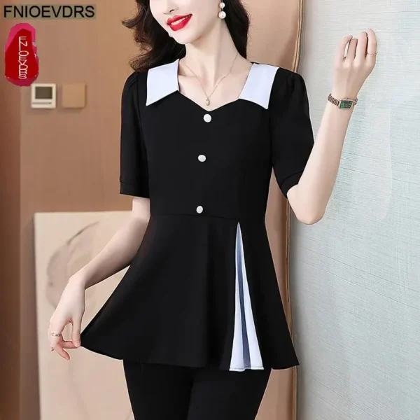 Office Shirts Basic Wear New Design 2025 Summer Women Short Sleeve Elegant Fashion Work Lady Retro Vintage Blouses Peplum Tops - Image 2