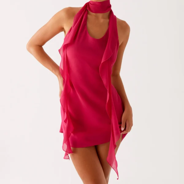 y2k Mini Dress for Women Sexy Backless Sleeveless Halter Neck Low V Neck Open Back Bodycon Sundress with Scarf Cocktail Party - Image 5