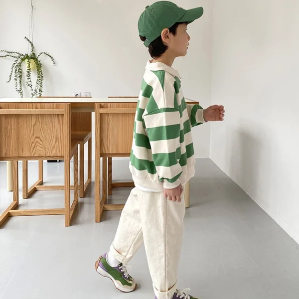 2024 Kids Spring Autumn Clothes Boys Stylish Striped T-shirts Long-sleeved Lapel Hoodie Children Loose Top Cotton Tees for 1-6Y - Image 3