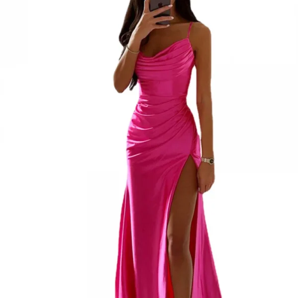 Women Satin Prom Dresses Spaghetti Straps Cowl Neck Formal Long Evening Gown Draped Neck Bridesmaid Dress Lace Up Back with Slit