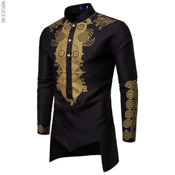 Ramadan men's long sleeve shirts fashion Muslim straight mid length printed T-shirts slim African clothing men's tops - Image 4