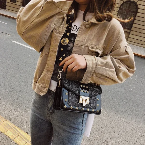 Fashion Crossbody Bags for Women Rivet Patent Leather Wide Shoulder Bag Woman Trend Sequin Multi-layer Small Square Female Bag - Image 5
