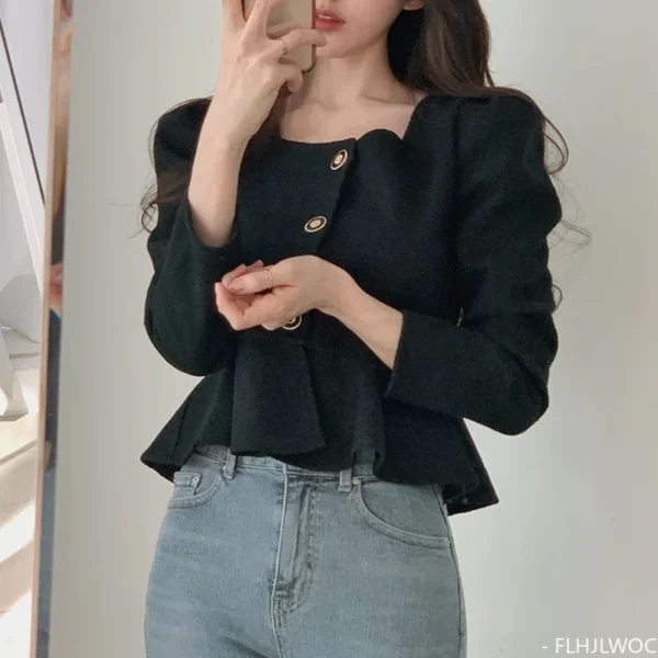 Ruffles Peplum Crop Tops New Design 2024 Spring Short Shirts Office Lady Women Cute Sweet Japan Girls Date Button Blouses - Image 5